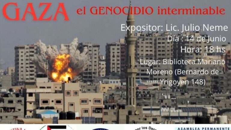 Lic. Julio Neme expositor de la charla «Gaza El Genocidio Interminable» hoy 14 en Biblioteca Mariano Moreno